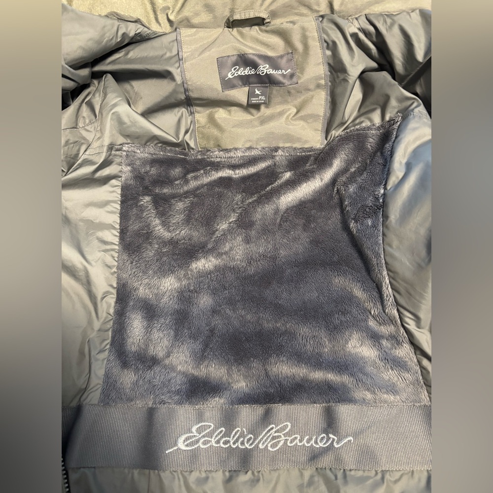 Eddie Bauer grey/green PXL Down Parka, detachable hood with faux fur. - Picture 5 of 6
